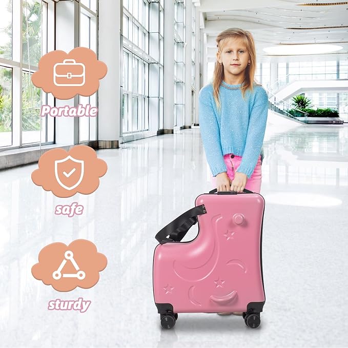 20" Ride on Suitcase for Kids, Kids Luggage with Seat Childrens' Carry Trolley Luggage with Lock & Safety Belt 360° Silent Wheels for Short Trips Pink