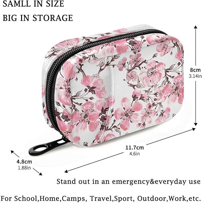 Fustylead Spring Pink Cherry Blooming Branch Pill Organizer Travel Portable Zipper Cloth Bag for Holding Weekly Supplements Vitamins and Fish Oils
