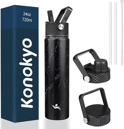 Insulated Water Bottle 24oz Stainless Steel Sport Bottles with 3 Lids,Marble Midnight