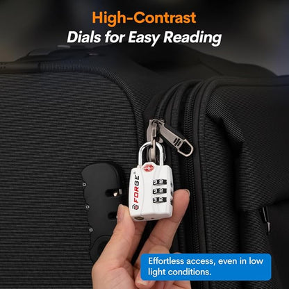 Forge Luggage Locks TSA Approved Locks, Small TSA Locks with Zinc Alloy Body, Open Alert, Easy Read Dials, for Travel Suitcase, Bag, Backpack, Cases, Lockers. White 2 Locks.