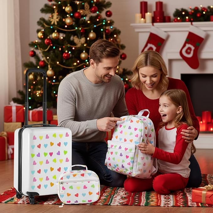 Redbaker 6 Pcs Kids Luggage Set Gift for Christmas 17 Inch Kids Rolling Luggage Double Pattern Suitcase for Boys Girls(White,17 Inch,Love Style)