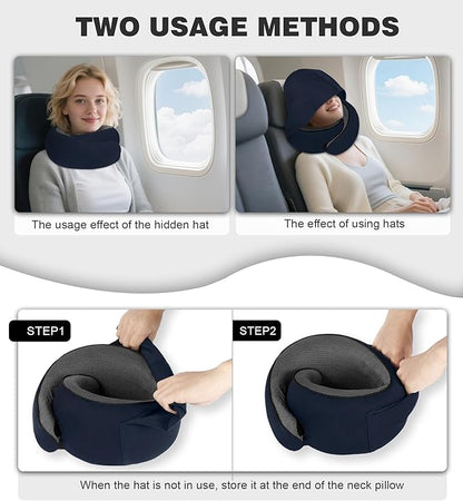 Travel Neck Pillow, Newly Upgraded Hooded Neck Pillow , 100% Pure Memory Foam Travel Pillow for Flight Headrest Sleep,Windproof and heat preservation,Suitable for use in Outdoor/Plane/Car/Office
