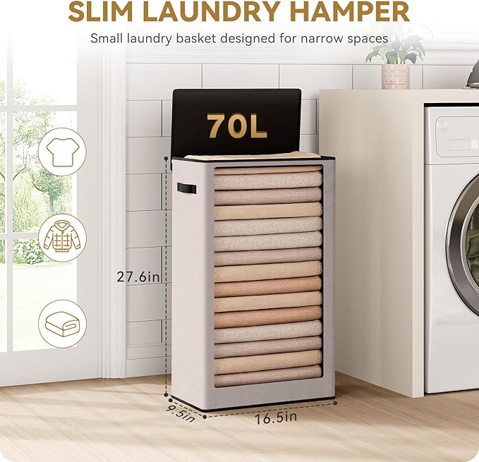 SOLEDI Slim Laundry Hamper with Lid, Narrow Laundry Basket with Removable Bags, Dirty Clothes Hamper with handle, Small Hamper perfect for Laundry room, Bathroom, Bedroom, Small spaces.Light taupe