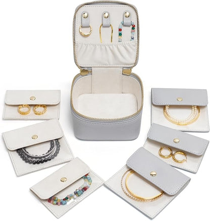 Popvibe Small Jewelry Travel Case for Women Mini Jewelry Box Organzier Traveling with 6 Jewelry Pouch Small Jewelry Bags, Leather Travel Size Jewelry Organizer Bag for Earrings Necklace, Blue Gray
