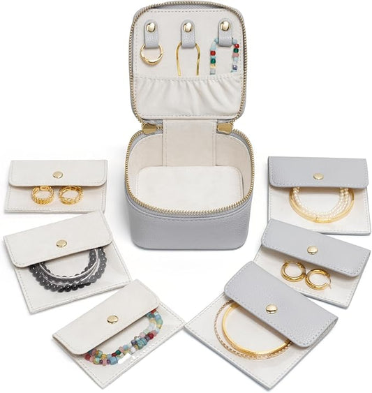 Popvibe Small Jewelry Travel Case for Women Mini Jewelry Box Organzier Traveling with 6 Jewelry Pouch Small Jewelry Bags, Leather Travel Size Jewelry Organizer Bag for Earrings Necklace, Blue Gray