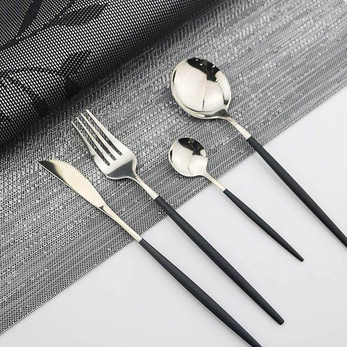 JASHII Black Silver Silverware Set, 20-Piece Stainless Steel Satin Finish Flatware, Kitchen Utensils, Mirror Polished Tableware Cutlery for Home and Restaurant, Dishwasher Safe