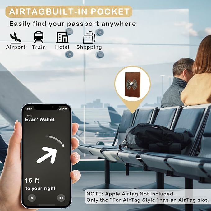 Airtag Passport Holder for Men Women Travel, Real Leather Passport Wallet, Handmade Passport Cover Case with Airtag Slot, Travel Must Haves Essentials Accessories Birthday Gifts (Crazy Horse, Green)