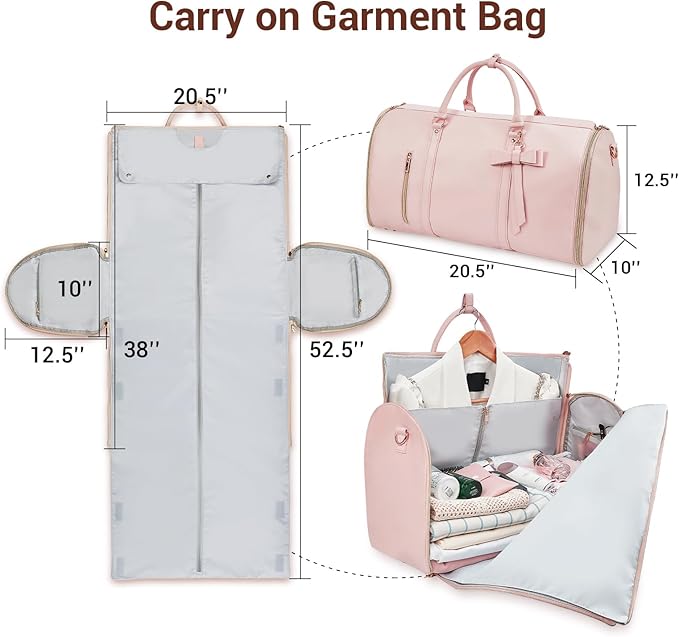 Garment Bags for Travel, Convertible Suit Travel Bag for Women, Stylish Carry On Garment Bag with Toiletry Pocket, Shoulder Strap and Shoes Compartment, 2 in 1 Foldable PU Leather Duffle Bag, Pink
