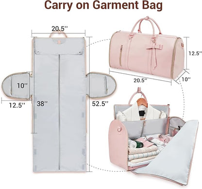 Garment Bags for Travel, Convertible Suit Travel Bag for Women, Stylish Carry On Garment Bag with Toiletry Pocket, Shoulder Strap and Shoes Compartment, 2 in 1 Foldable PU Leather Duffle Bag, Pink