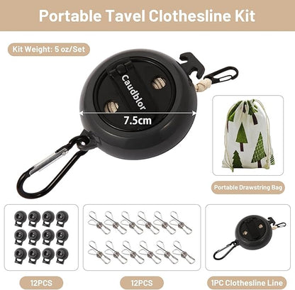Portable Travel Clothesline Cord, Caudblor Adjustable 33ft Camping Clothes line, Laundry Drying Rope for Hotel Trip, Cruise, Outdoor/Indoor, with 12Pcs Stoppers, Windproof Clothespins