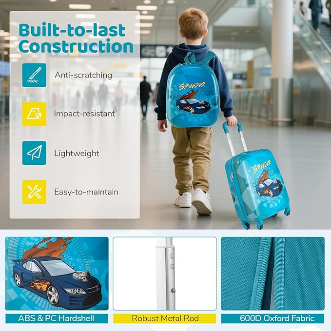 HONEY JOY Kids Luggage, Travel Backpack & Hard Shell Toddler Suitcase, Children Rolling Luggage with Wheels, Retractable Handle & 4 Casters, 2Pcs Carry On Luggage Set for Boys Girls(Racing Car)