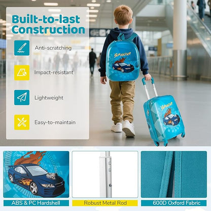 HONEY JOY Kids Luggage, Travel Backpack & Hard Shell Toddler Suitcase, Children Rolling Luggage with Wheels, Retractable Handle & 4 Casters, 2Pcs Carry On Luggage Set for Boys Girls(Racing Car)