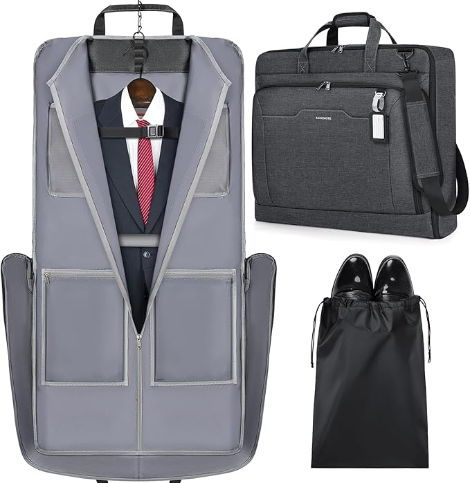 RAINSMORE Garment Bags for Travel Carry On Garment Bag for Hanging Clothes, Suit Bag for Business Trips with Shoes bag & Shoulder Strap, Waterproof Foldable Suit Luggage Bag for Men Women, Gray