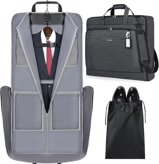 RAINSMORE Garment Bags for Travel Carry On Garment Bag for Hanging Clothes, Suit Bag for Business Trips with Shoes bag & Shoulder Strap, Waterproof Foldable Suit Luggage Bag for Men Women, Gray