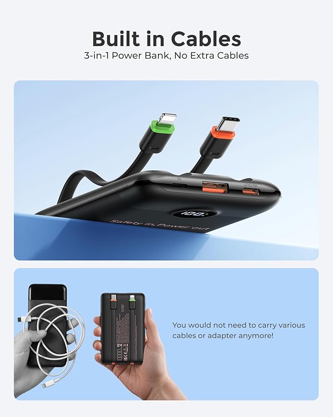 VEEKTOMX Portable Charger Built-in Cables, Slim Power Bank for iPhone, Fast Charge USB C Battery Pack Travel Essentials Phone Charger Compatible with iPhone 17/16/15/14, Samsung S25/24