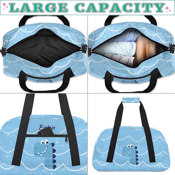 Personalized Duffel Bag for Kids Girls Boys, Dinosaur Wave Custom Name Gym Bag Overnight with Padded Handles Carry On Weekend Sports Travel Bag for School Practice Gymnastics Ballet
