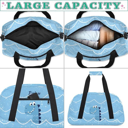Personalized Duffel Bag for Kids Girls Boys, Dinosaur Wave Custom Name Gym Bag Overnight with Padded Handles Carry On Weekend Sports Travel Bag for School Practice Gymnastics Ballet