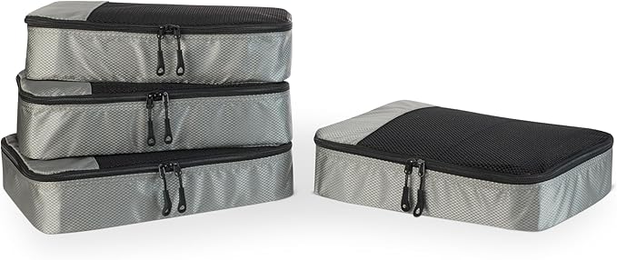 Amazon Essentials 4-Piece Packing Cubes Travel Accessories Set, Luggage Organizer with Double Zipper, Mesh Top, 100% Polyester, Medium, Gray (Previously Amazon Basics)