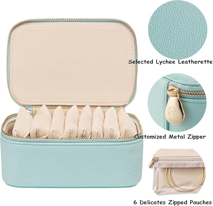 Vlando Travel Jewelry Box Organizer - 8 Small Velvet Zipped Pouches Pockets for Jewelries Necklaces Rings Earrings Sorting Storage, Aqua Blue