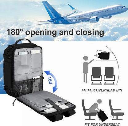 Carry On Travel Backpack with Shoe Compartment Flight Approved Laptop Backpack Expandable Work Business Backpack for Women Men Casual Daypack, Black