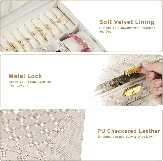 GUOER Jewelry Box for Women Girl Wife - Large PU Leather Jewelry Organizer Storage Case with Two Layers Display for Earrings Bracelets Rings Watches (Light Khaki)