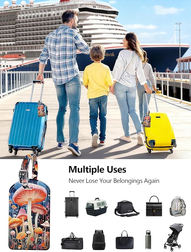 Luggage Tags Built-in Anti-Loss Tracker, Luxury Leather Luggage Tags for Suitcase, Travel Bags, Backpacks, Travel Organizer for Lost Baggage Prevention (Mushroom)