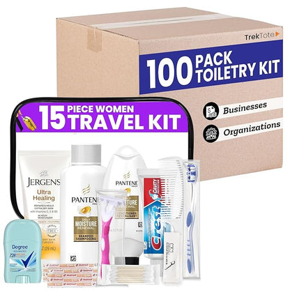 Trektote Bulk Hygiene Kit For Women – (100 Pack) 15 Piece Set – Featuring Top Trusted Brands, TSA Compliant, Bulk Travel Essentials, Includes Shampoo And Conditioner, Body Wash, Toiletry Bag & More