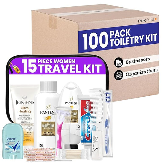 Trektote Bulk Hygiene Kit For Women – (100 Pack) 15 Piece Set – Featuring Top Trusted Brands, TSA Compliant, Bulk Travel Essentials, Includes Shampoo And Conditioner, Body Wash, Toiletry Bag & More