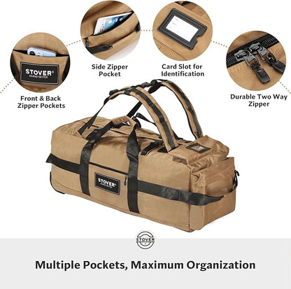 STOVER 80L Rolling Duffel Bag with Wheels, Large 31 Inch Durable Travel Duffle Bag + Toiletry Bag, Heavy Duty, Packable, Foldable w/Shoulder Straps- Use as Luggage or Backpack, Men/Women (Tan)