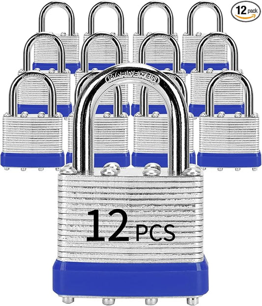 Padlocks with Same Key, LQYN 12 Pcs Laminated Keyed Padlock (1-9/16", 40mm), Keyed Alike Locks, Normal Shackle, for Storage Locker, Hasp Latch, Toolbox, Sheds