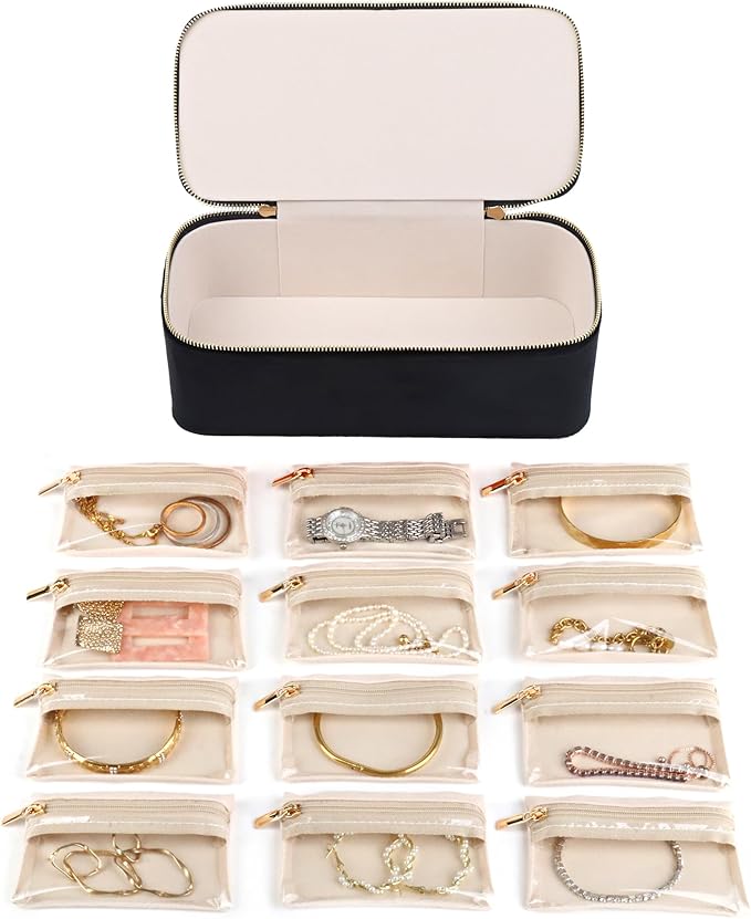 HofferRuffer Jewelry Box Organizer for Women Girls, Travel Jewelry Case with Portable Zipper Bags, Jewelry Storage Ideal for Travel & Home Organization (12pcs-Black Velvet)