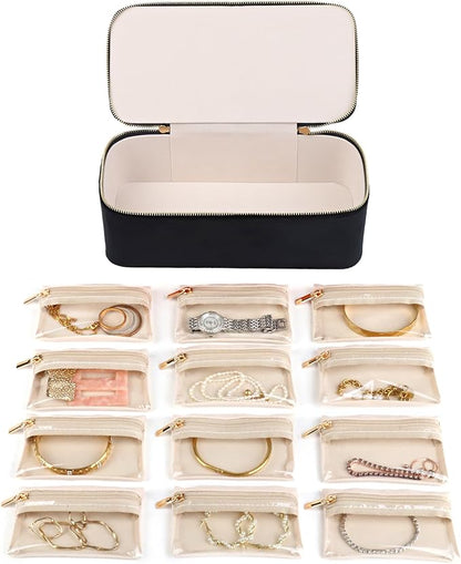 HofferRuffer Jewelry Box Organizer for Women Girls, Travel Jewelry Case with Portable Zipper Bags, Jewelry Storage Ideal for Travel & Home Organization (12pcs-Black Velvet)