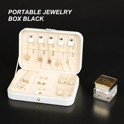 Small Jewelry Box, Travel Jewelry Case Portable Jewelry Boxes for Women, 2-Layer Mini Jewelry Travel Organizer, Gift for Women Girls,White B