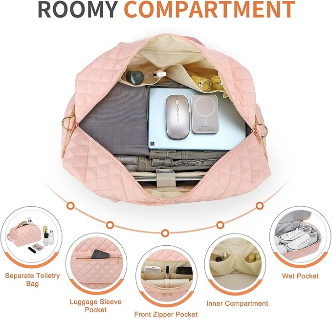 50L Large Travel Duffle Bag for Women, Weekender Overnight Bag W/Shoe Compartment+Wet Pocket+Toiletry Bag TSA Approved, Pink