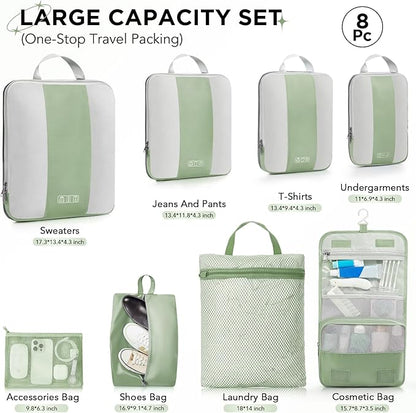 8 Set Compression Packing Cubes for Travel Essentials,Compressible Expandable Packing Cubes for Suitcase,OlarHike Luggage Organizer Bags for Travel,Handy Helper for Organizing Clothes(Matcha Green)