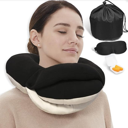 BUYUE Travel Neck Pillows for Airplanes, 360° Head Support Sleep for Long Flight, Skin-Friendly & Breathable, Kit with 3D Contoured Eye Mask, Earplugs and Storage Bag (Adult, Black, 90+ lbs)
