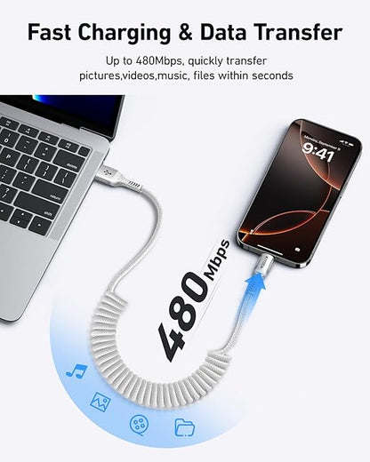 USB A to USB C Cable Fast Charging 66W, 2Pack 3FT Coiled Braided USBC Phone Charger Cables for Car, Short USB to USB Type C Cord for iPhone 17 16 15 Pro Max, Samsung Galaxy S24 S23 and More-Silver