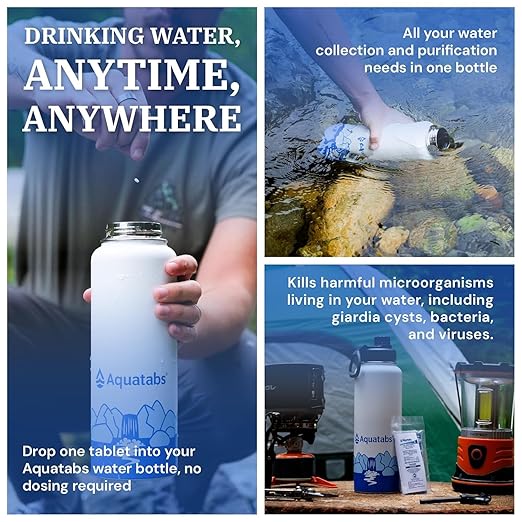 Aquatabs Insulated Stainless Steel Water Purifier Water Bottle with 50 Water Purification Tablets, BPA Free Water Purification Bottle Alternative to Filtered Water Bottle.