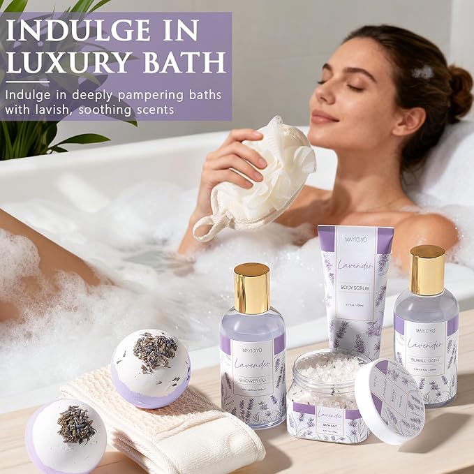 Christmas Birthday Gifts for Women, Lavender Relaxing Spa Gift Baskets for Women Self Care Package Bath Gift Set, Home Bath and Body Kit Pamper Gifts for Womens Mom Her Friends Sister Wife Girlfriend