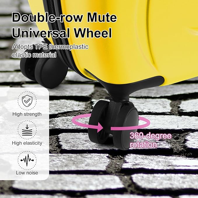 24 Inch Kid Ride Suitcase, Kid Luggage Seat Ride With Lock - Kids Travel Trolley With Safety Belt, Kids Luggage With Wheels Child Stroller Spinner Luggages, ABS+PC (Yellow, 6-12 Years)