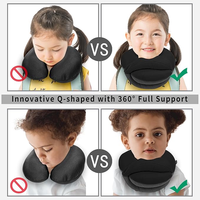 BUYUE Kids Travel Pillows for Airplane, 360° Head Support Sleeping Essentials for Boys Long Flight, Skin-Friendly Soft Neck Pillow for Traveling in Car Seat, (Small, Black Grey, 40-90 lbs)