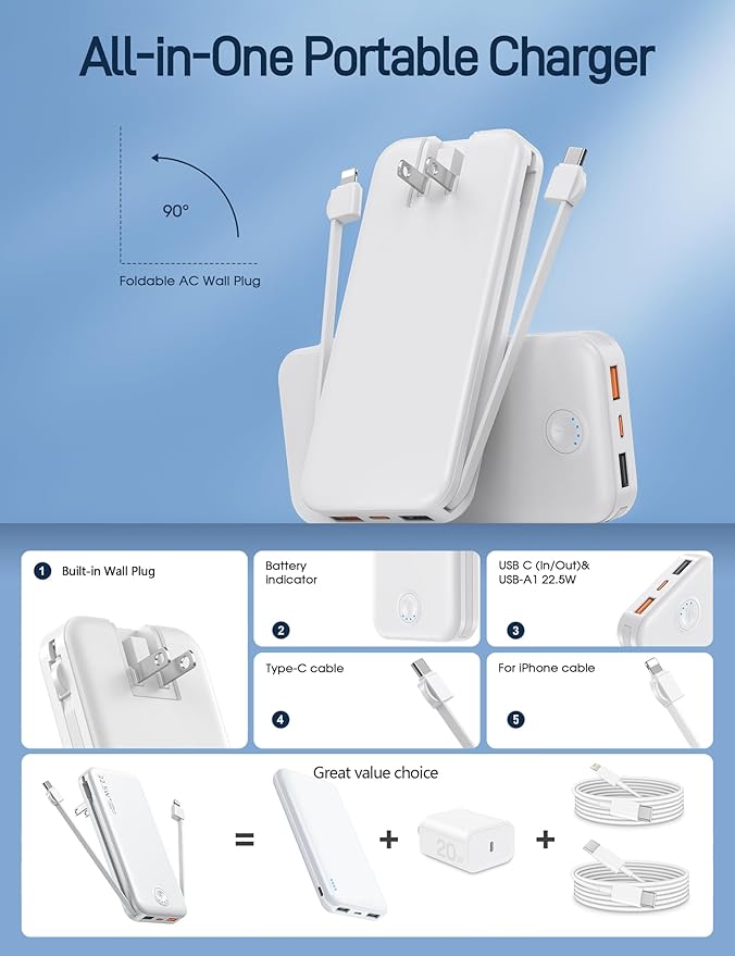 22.5W Super Fast Charging Portable Charger with Wall Plug,12000mAh USB-C Power Bank Built-in 2 Cable, Lightweight Phone Charger Travel Battery Pack for All iPhone, Samsung, Tablets