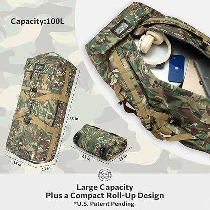 STOVER 100L Rolling Duffel Bag with Wheels, X-Large Durable Travel Duffle + Toiletry Bag, Heavy Duty, Packable with Shoulder Straps- Use as Luggage or Backpack (Camouflage)