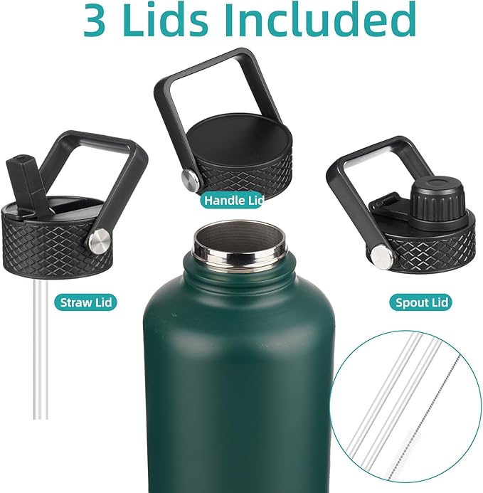 Half Gallon Insulated Water Bottle with Straw,64 oz 3 Lids Water Jug with Carrying Bag,Paracord Handle,Double Wall Vacuum Stainless Steel Metal Flask,Dark Green