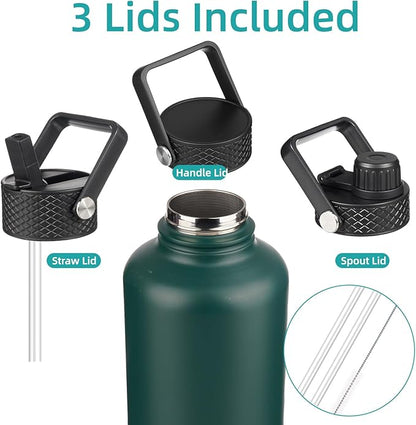 Insulated Water Bottle with Straw,87 oz 3 Lids Water Jug with Carrying Bag,Paracord Handle,Double Wall Vacuum Stainless Steel Metal Flask,Dark Green
