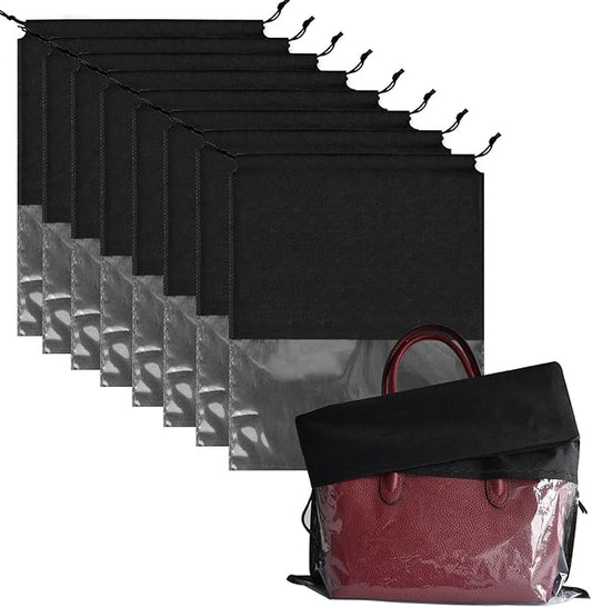 8PCS Dust Bags for Handbags Jumbo Travel Shoe Bags Purses Organizers Storage Bags with Rope Clear Window Dustproof Drawstring Bag Storage Pouch for Men and Women - Black, 19.7 x 15.7 in