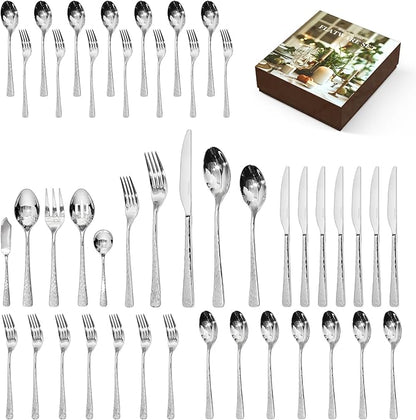 KINGSTONE Hammered Silverware Set, Flatware Set with Serving Utensils, 18/10 Stainless Steel Premium Cutlery with Unique Ripple Handles Design Mirror Polished - Dishwasher Safe (45-Piece)