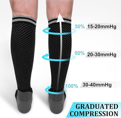 30-40mmHg Medical Graduated Compression Socks for Women&Men Circulation-Compression Stockings-Knee High Socks for Support,Hiking,Running(2 Pack Strip Black Grey,L-XL)
