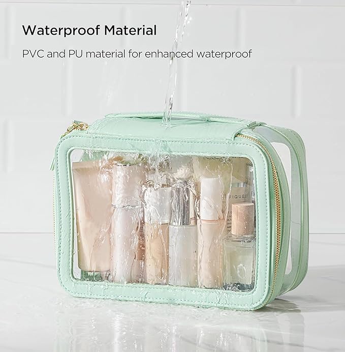 HBlife Clear Makeup Bag Organizer, Portable Travel Toiletry Cosmetic Case for Women, Large Make Up Bag Makeup Train Case Transparent Storage Pouch with Handle(Green)