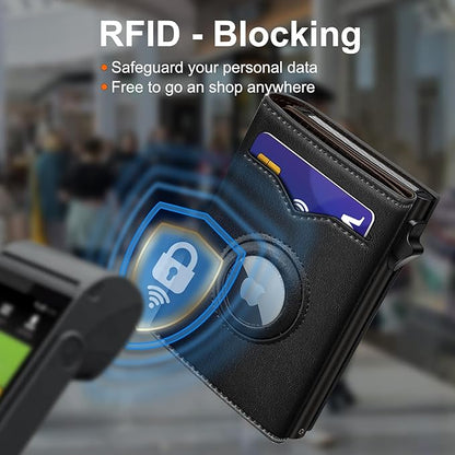 Airtag Wallet for Men,with Cash Pocket 2 ID Window 9-12 Cards,Metal Case Smart Slim Pop Up Credit Card Holder Flip with Magnetic Closure RFID Blocking Trifold wallet with Gift Box